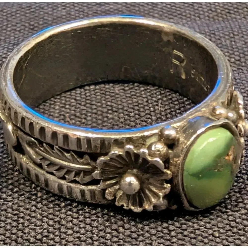 VTG Mens Sterling Silver Natural Green Turquoise Stone Ring Wide Band Sz 8.75